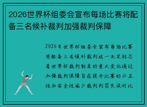2026世界杯组委会宣布每场比赛将配备三名候补裁判加强裁判保障