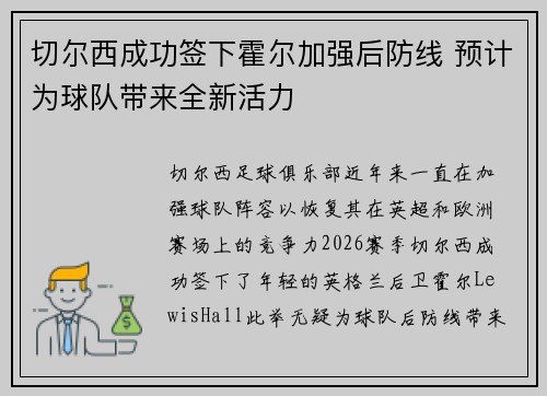 切尔西成功签下霍尔加强后防线 预计为球队带来全新活力